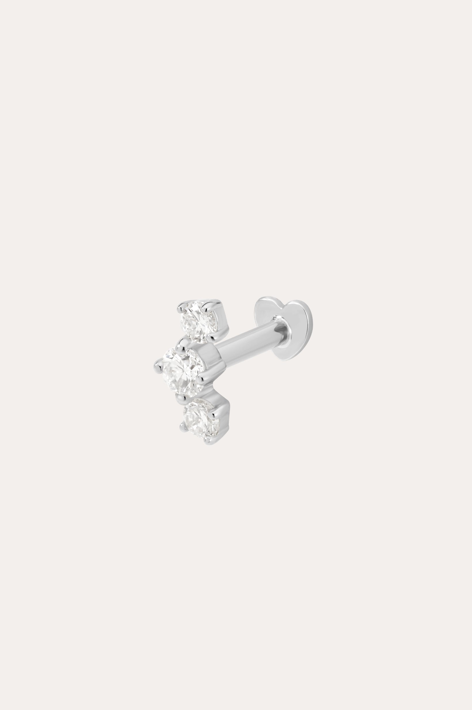 A 14K white gold curved trio flat back stud earring featuring lab-grown diamonds arranged in a small cluster, set against a plain white background.