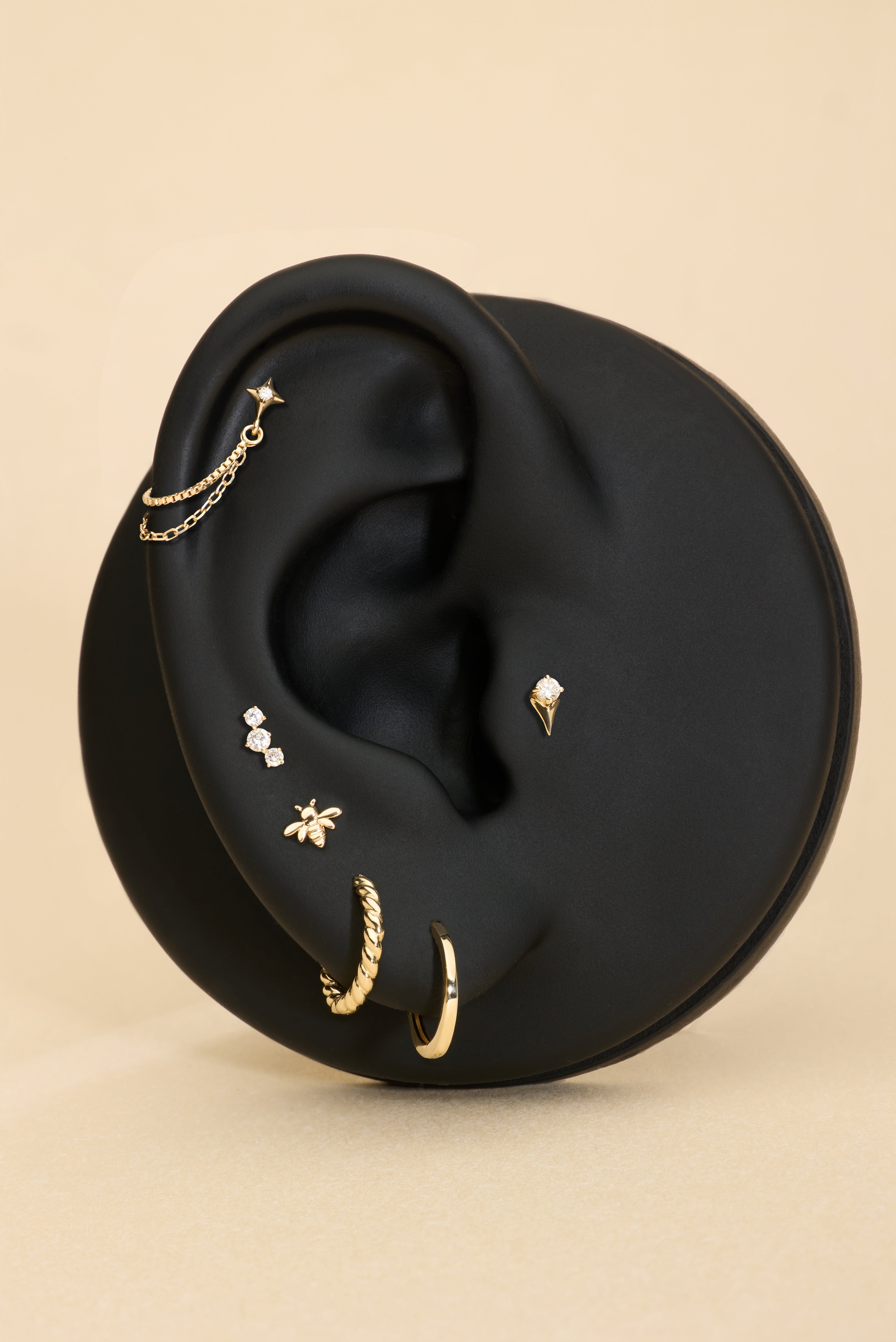 Ear with multiple gold earrings on a beige background