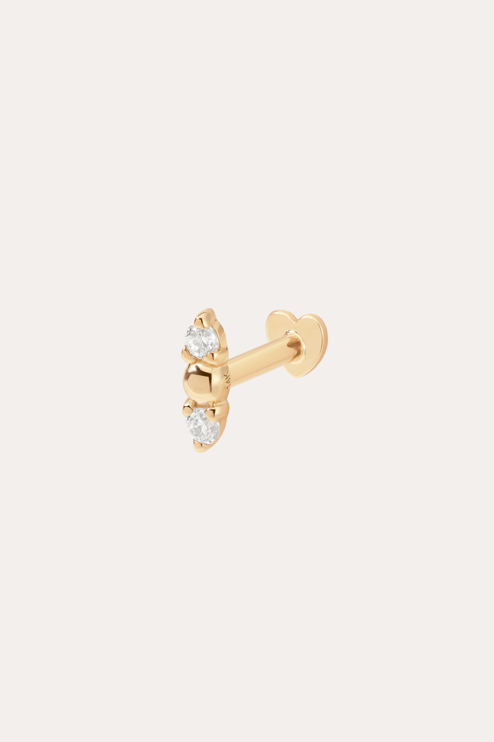 The 14K Solid Yellow Gold Greta Lab-grown Diamond Flat Back Stud features three round lab-grown diamonds in a triangular cluster on a flat, heart-shaped back.