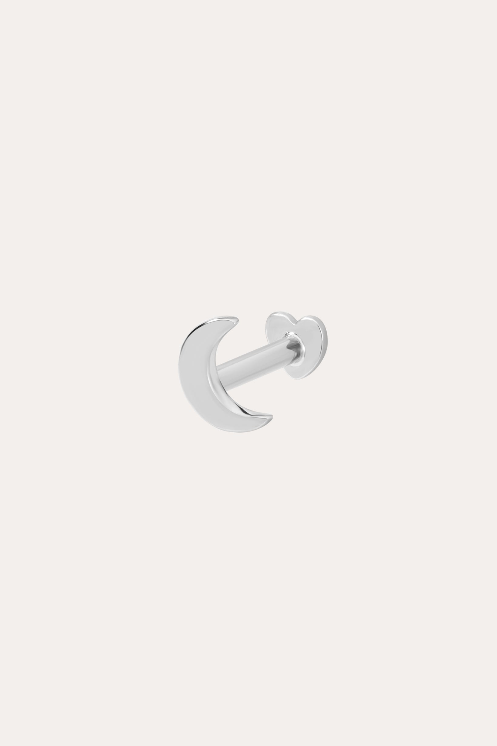The 14K Solid White Gold Moon Flat Back Stud, in 14K white gold and crescent moon shape, is shown on a plain white background. Ideal as a stackable earring for a subtle celestial look.