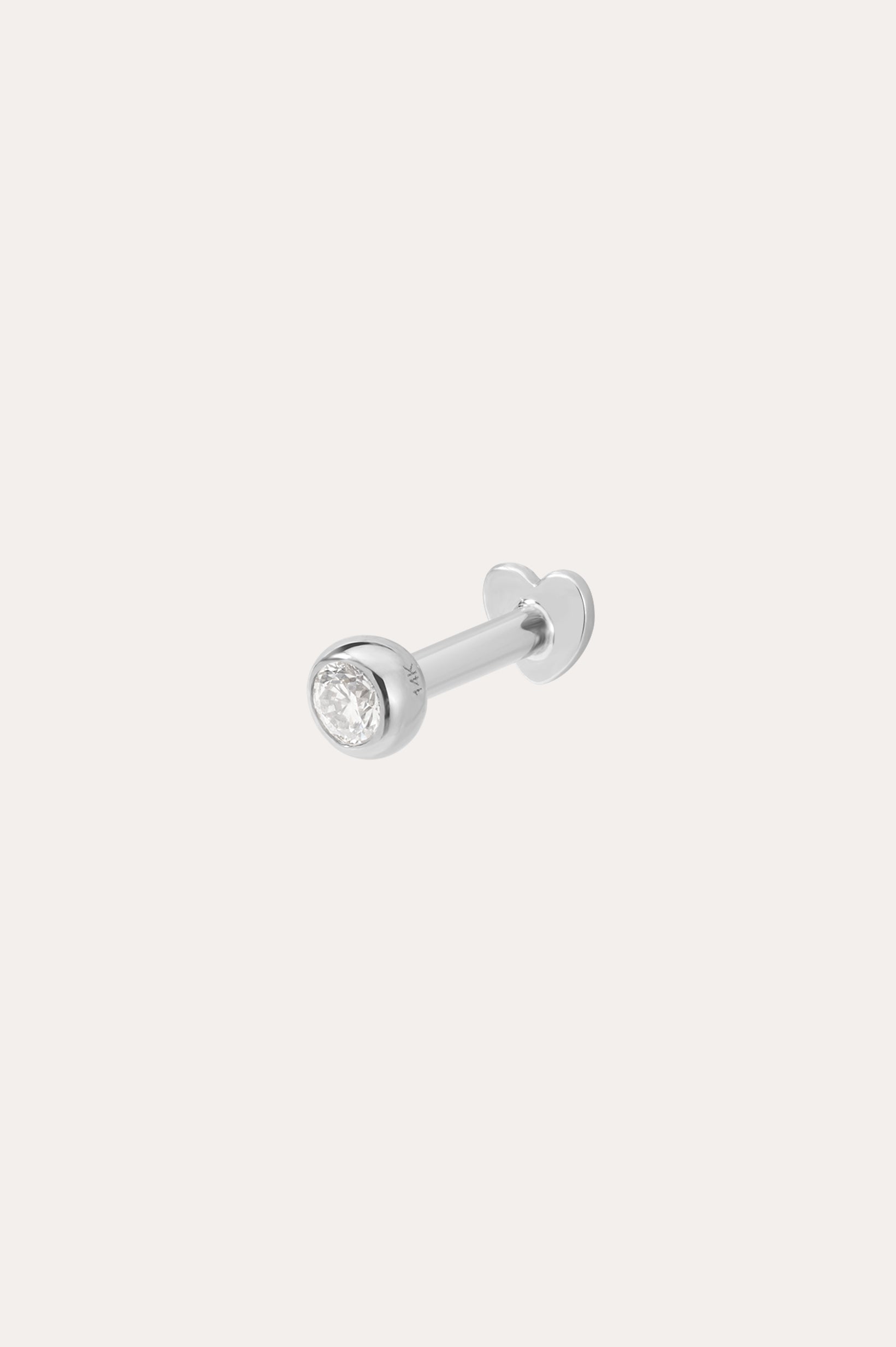 The 14K Solid White Gold Bezel Set Lab-grown Diamond Flat Back Stud features a round, clear lab-grown diamond in a bezel setting, shown against a plain white background.