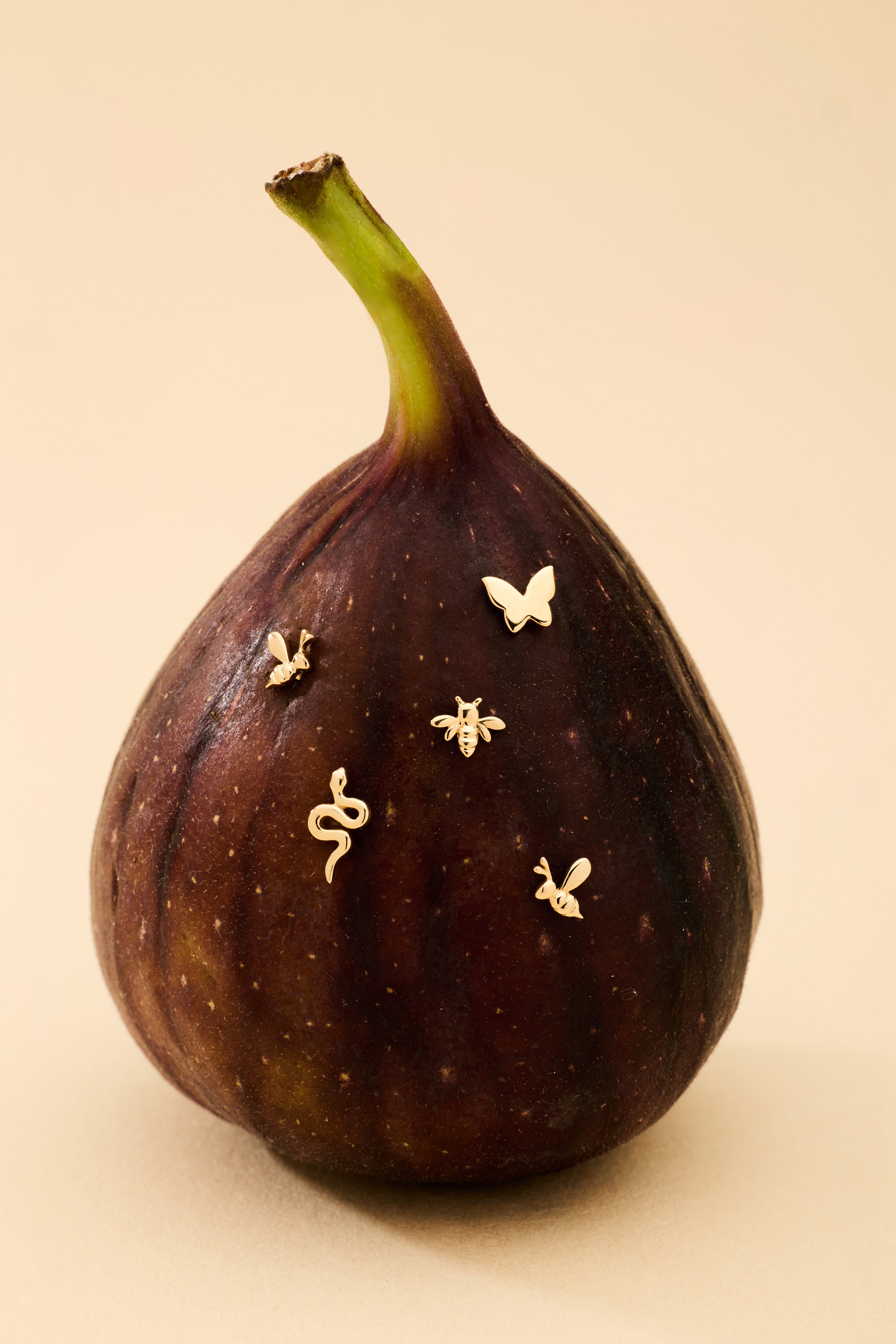 A ripe fig stands upright against a beige background, adorned with the 14K Solid White Gold Bumble Bee Flat Back Stud (Left) alongside other delicate gold pins.