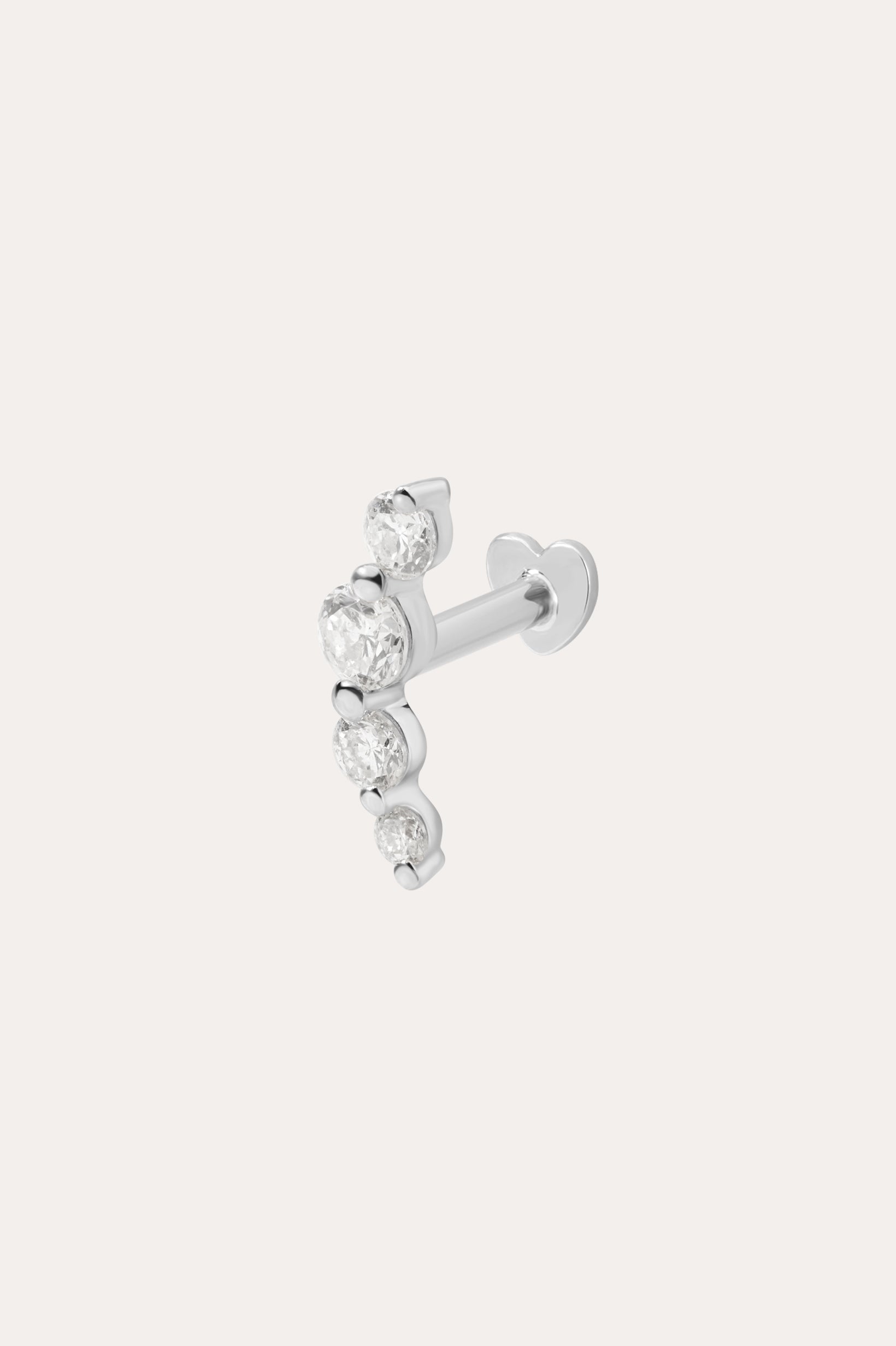 A 14K solid white gold lab-grown diamond curved flat back stud, featuring five graduated round clear diamonds in a curved line, shown on a plain white background.