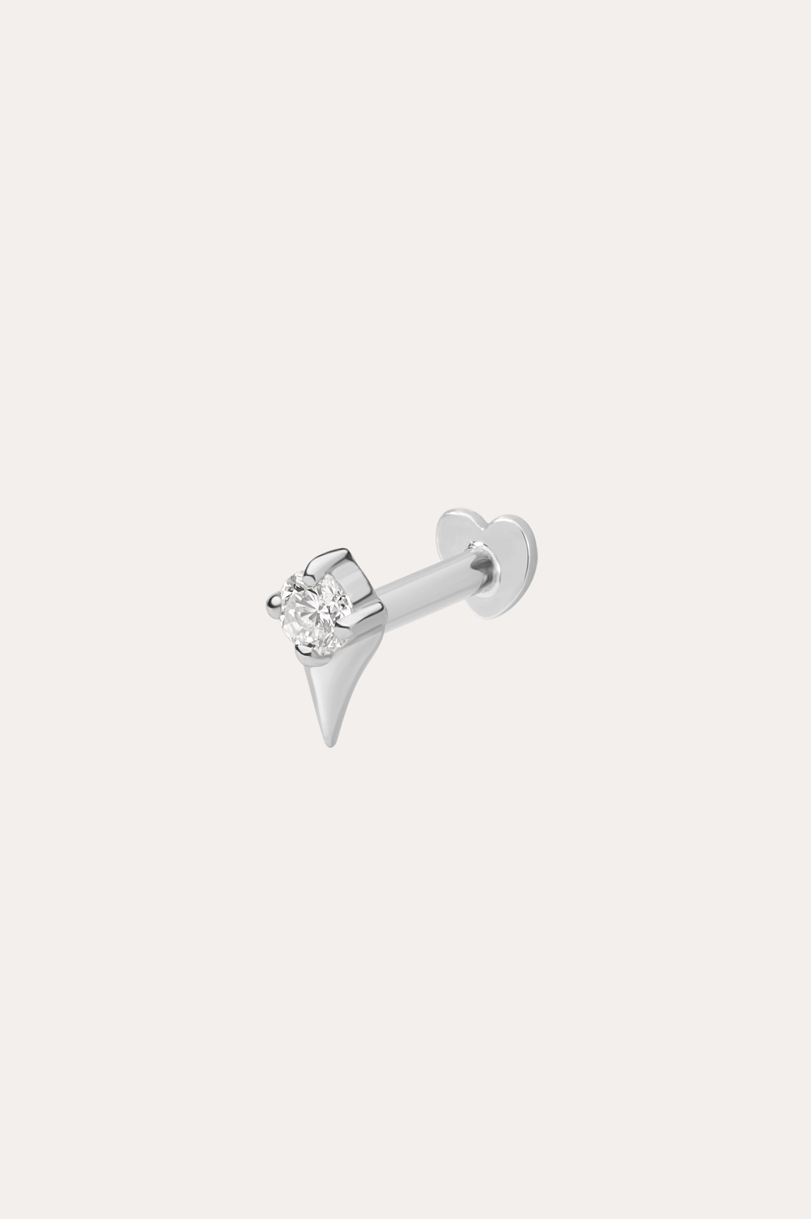 The 14K Solid White Gold Freya Lab-grown Diamond Flat Back Stud features a pointed spike design with a clear round lab-grown diamond, shown against a plain white background.