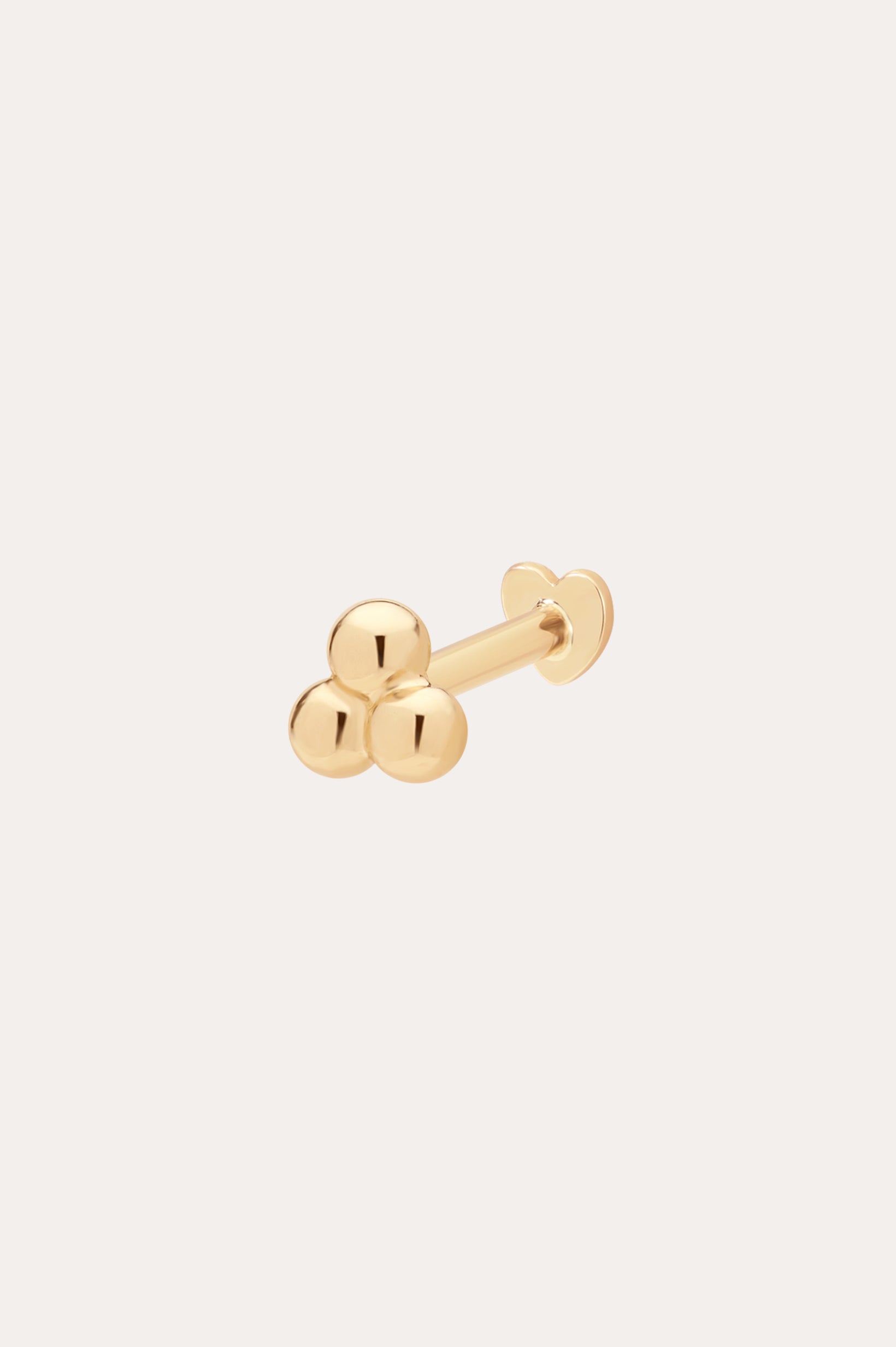 The 14K Solid Yellow Gold Trinity Flat Back Stud features three polished gold spheres clustered together on a straight post with a flat back, crafted in 14K yellow gold and displayed against a plain light background.