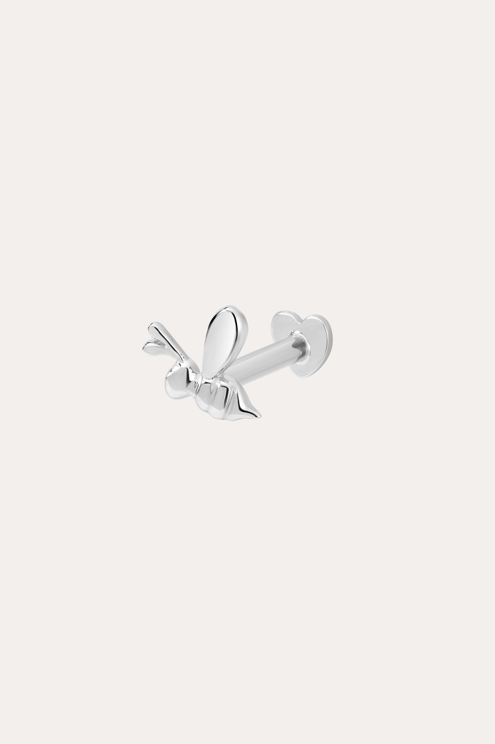 The 14K Solid White Gold Bumble Bee Flat Back Stud (Right) shines in 14K white gold, showcasing intricate wings and body details, set against a plain light background.