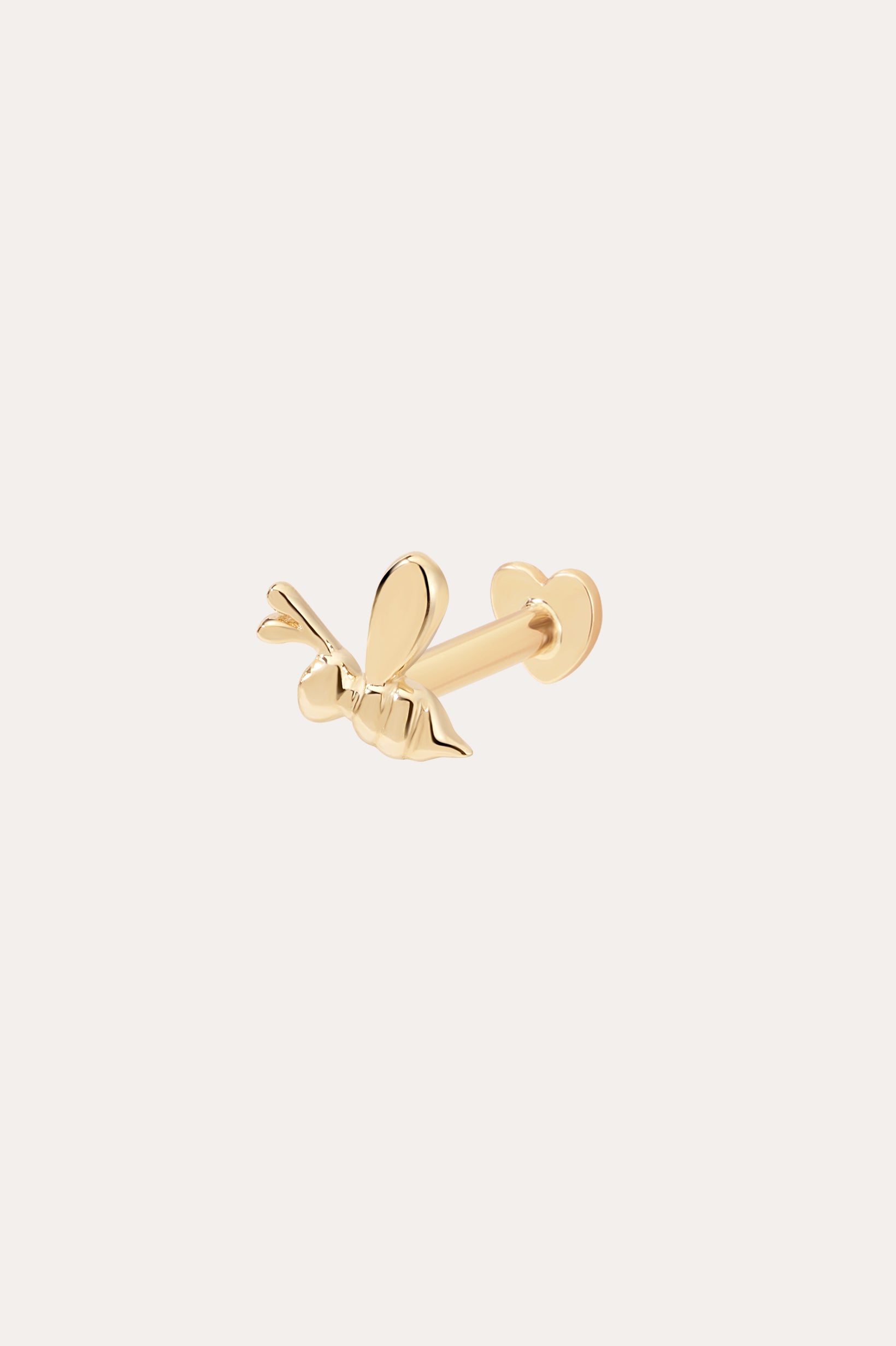 The 14K Solid Yellow Gold Bumble Bee Flat Back Stud (Right) features detailed wings and body in 14K yellow gold, displayed against a light background—ideal as elegant body jewellery or a chic flat back earring.