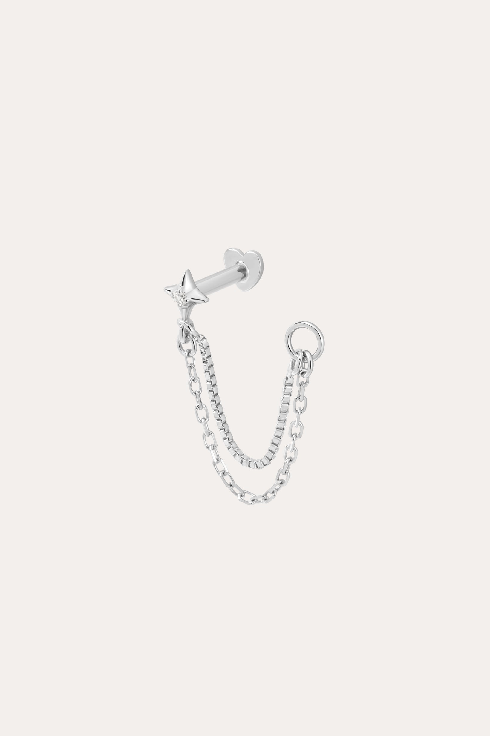 The 14K Solid White Gold Lab-grown Diamond Double Chain Flat Back Stud features a star stud, straight barbell, and two delicate chain loops with a small hoop, all in 14K white gold. Shown on a plain white background.