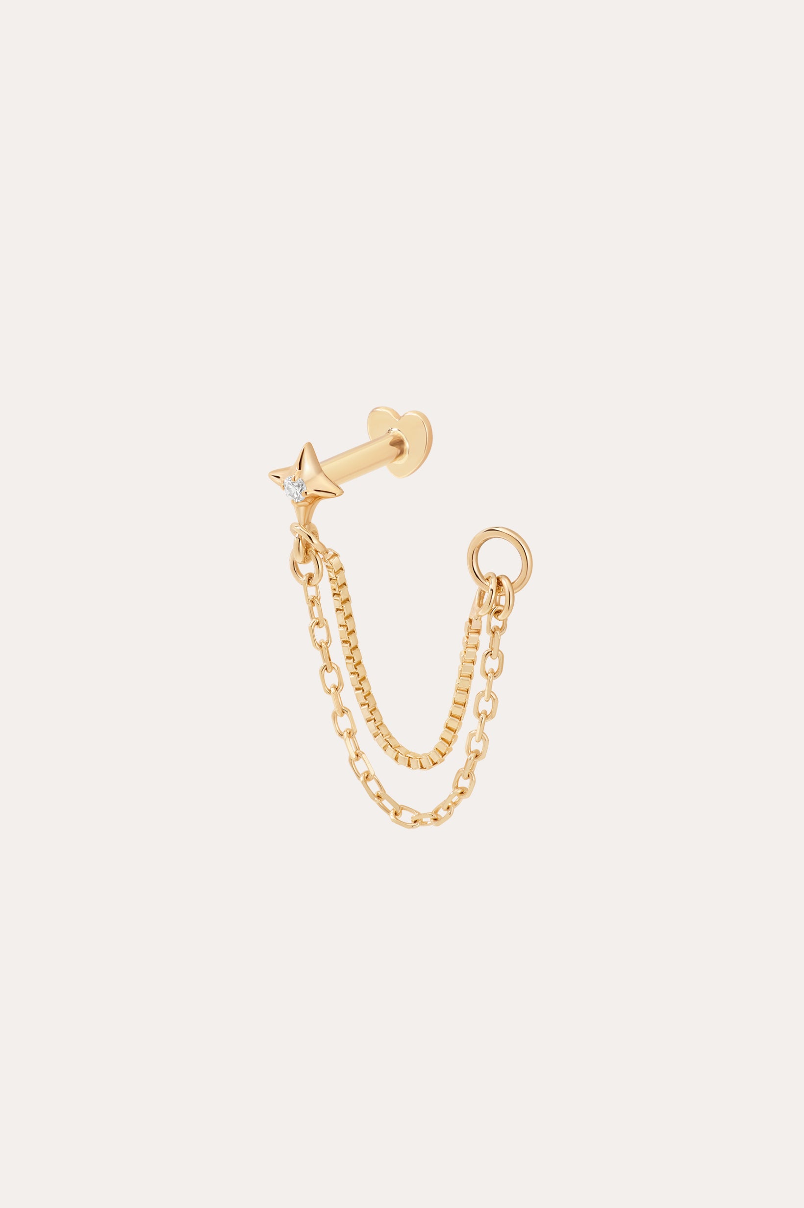 The 14K Solid Yellow Gold Lab-grown Diamond Double Chain Flat Back Stud features a small star design with a clear lab-grown diamond center and two gold chains for a double chain piercing effect.