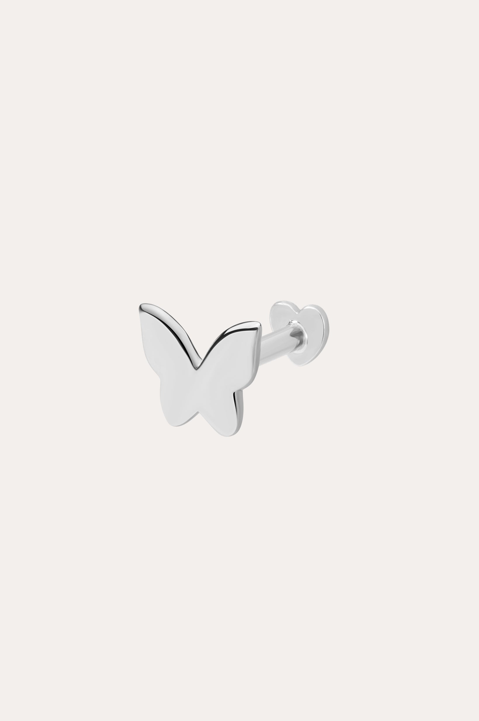 The 14K Solid White Gold Butterfly Flat Back Stud features a minimalist butterfly design in 14K white gold, crafted with a flat back stud and shown against a plain white background.