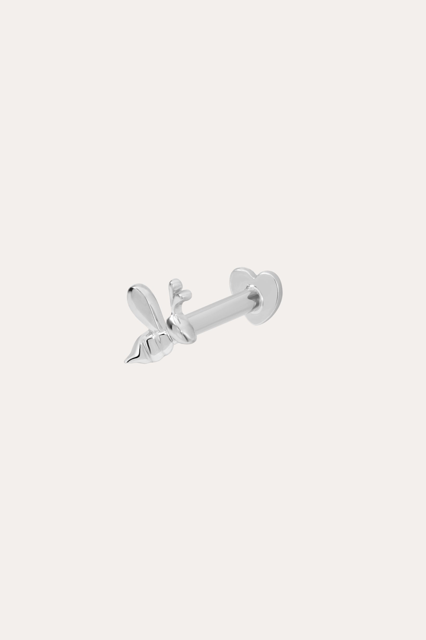 The 14K Solid White Gold Bumble Bee Flat Back Stud (Left) is a small bee-shaped earring in 14K white gold, shown against a plain white background.