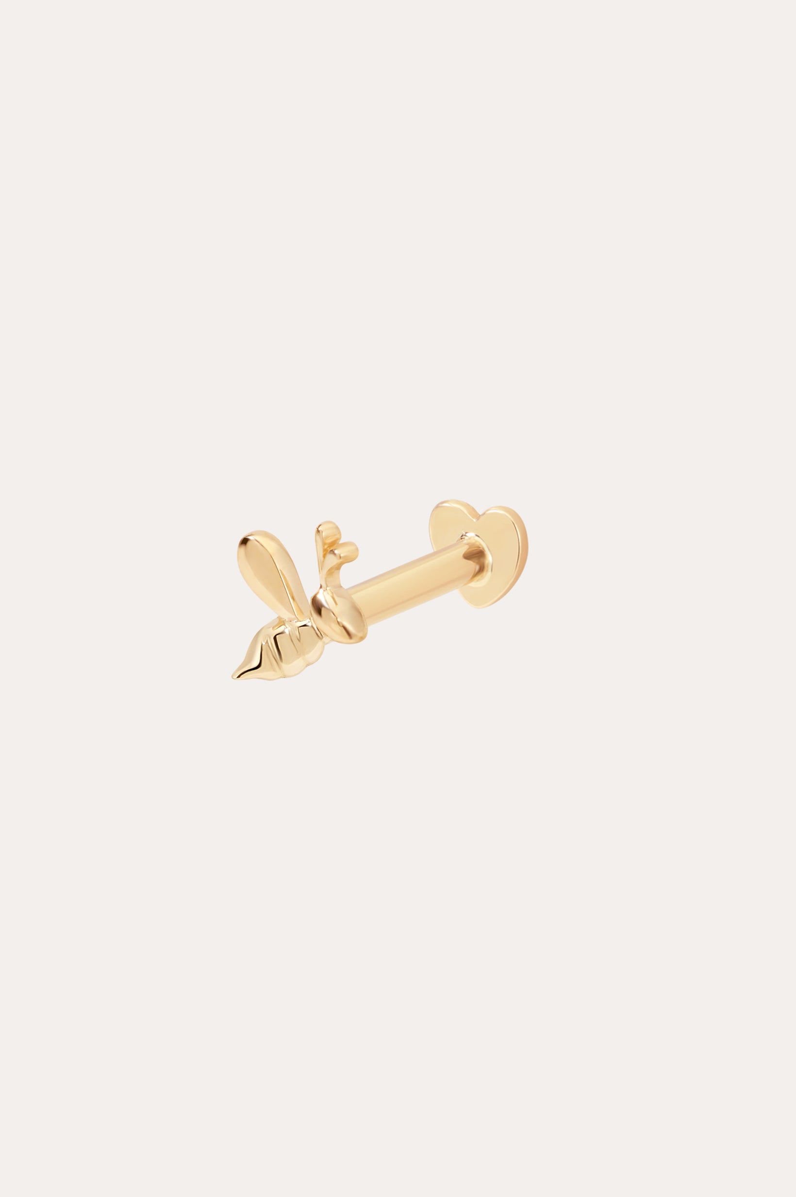 The 14K Solid Yellow Gold Bumble Bee Flat Back Stud (Left) features delicate wings and a textured body in 14K yellow gold, shown on a plain light background—perfect for unique body jewellery.