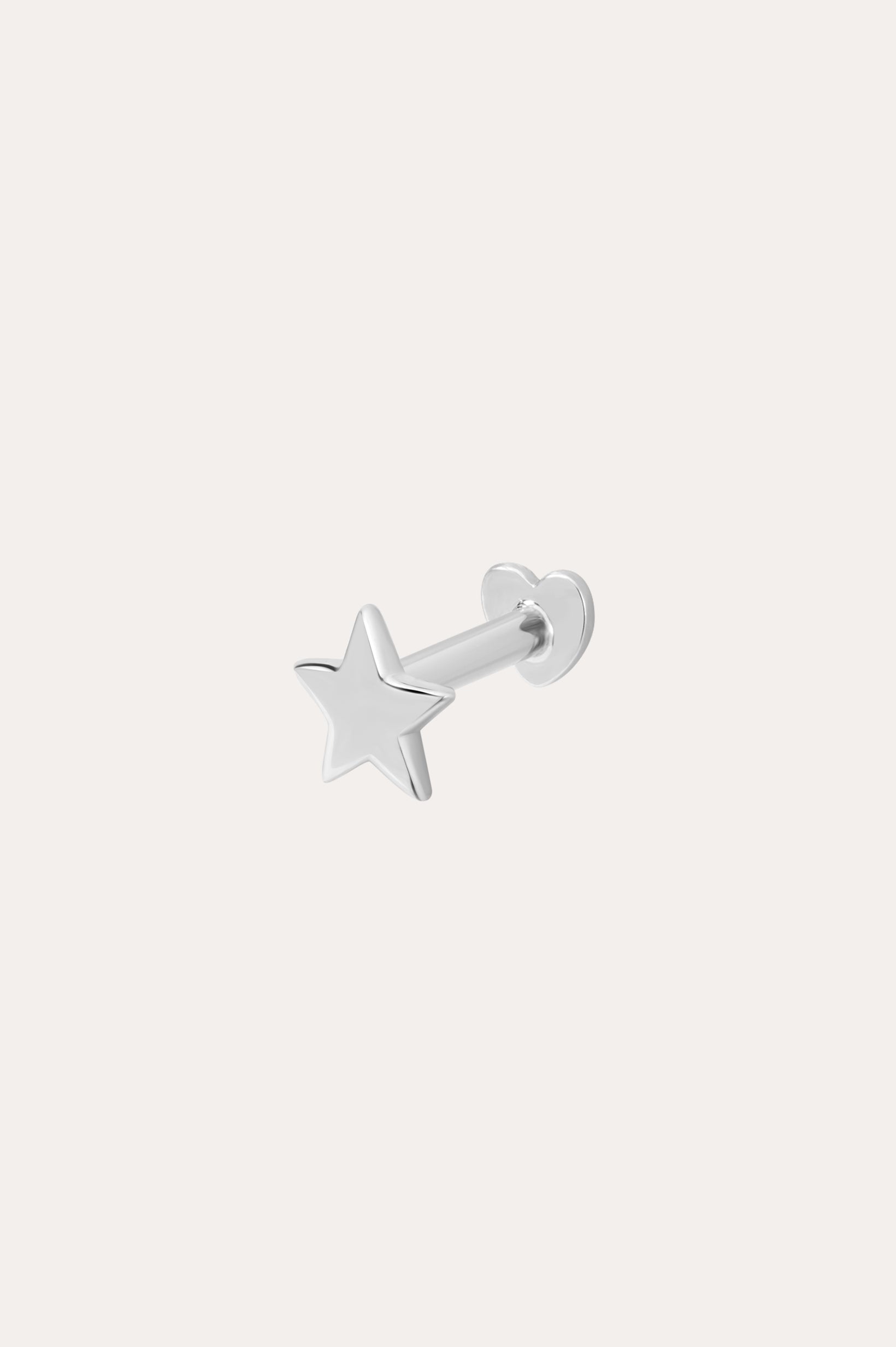 A 14K Solid White Gold Star Flat Back Stud earring featuring a small five-pointed star and simple round backing, perfect for ear stacking. Shown in elegant 14K white gold against a plain white background.