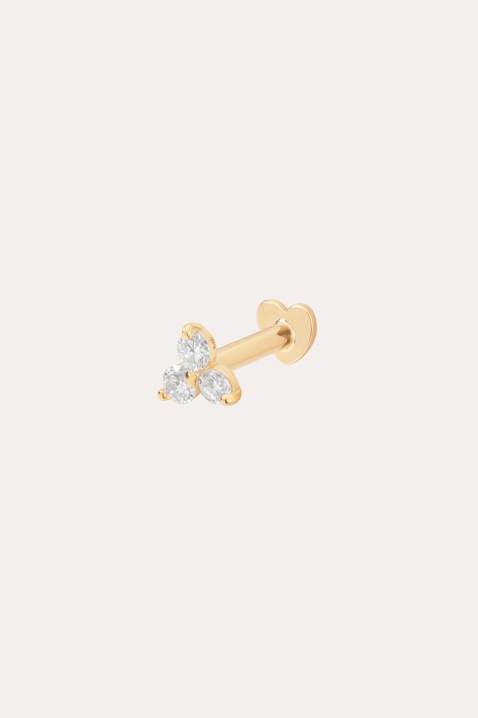 The 14K Solid Yellow Gold Lab-Grown Diamond Trinity Flat Back Stud features three clear round diamonds in a triangle, set in 14K yellow gold and pictured against a plain light background.