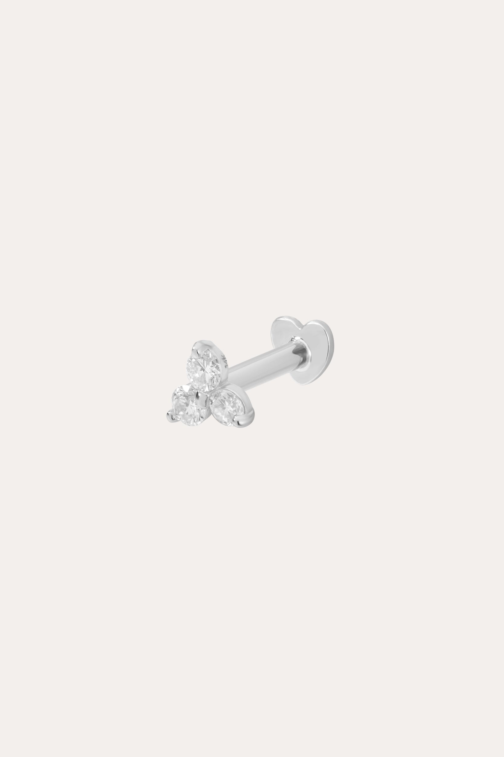 The 14K Solid White Gold Lab-Grown Diamond Trinity Flat Back Stud features three small clear lab-grown diamond studs in a triangular cluster, displayed against a plain white background.