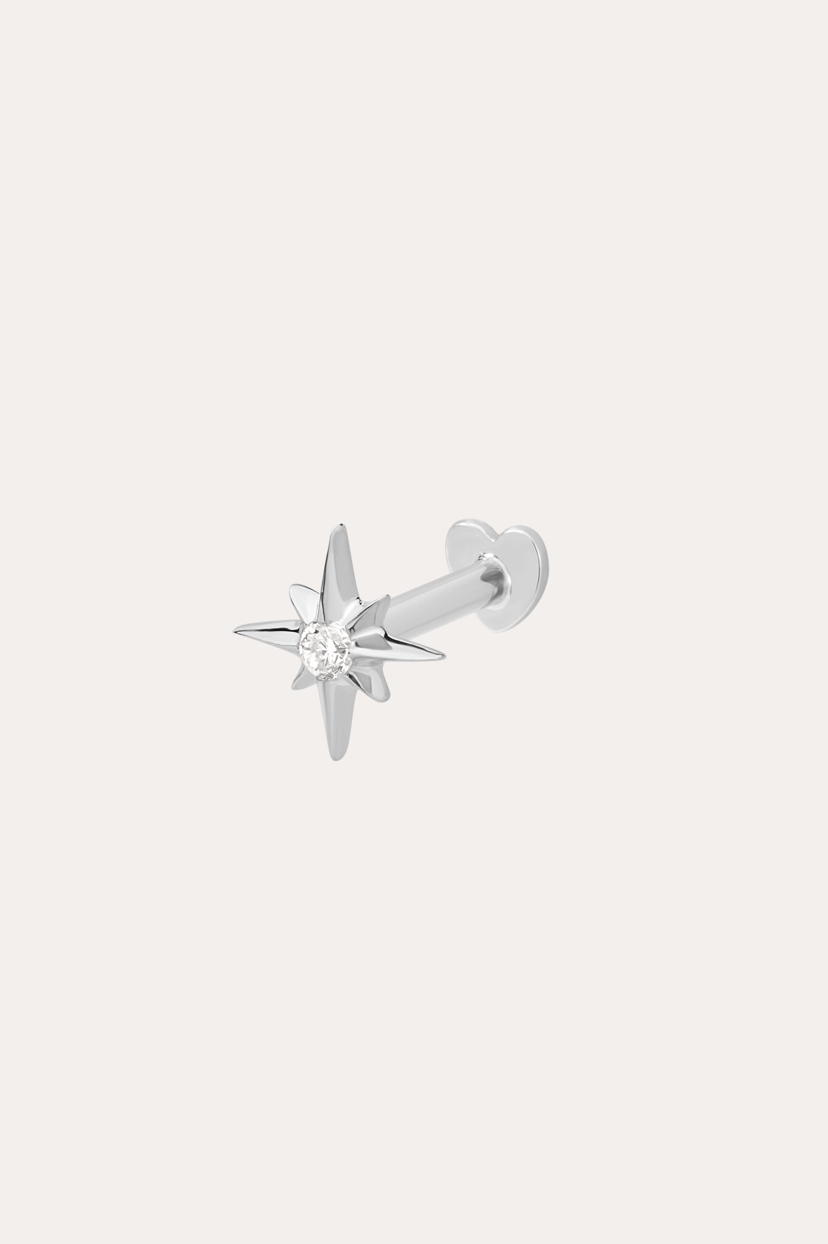 The 14K Solid White Gold Lab-grown Diamond North Star Flat Back Stud in 14K white gold features a lab-grown diamond center and is shown on a simple light background.