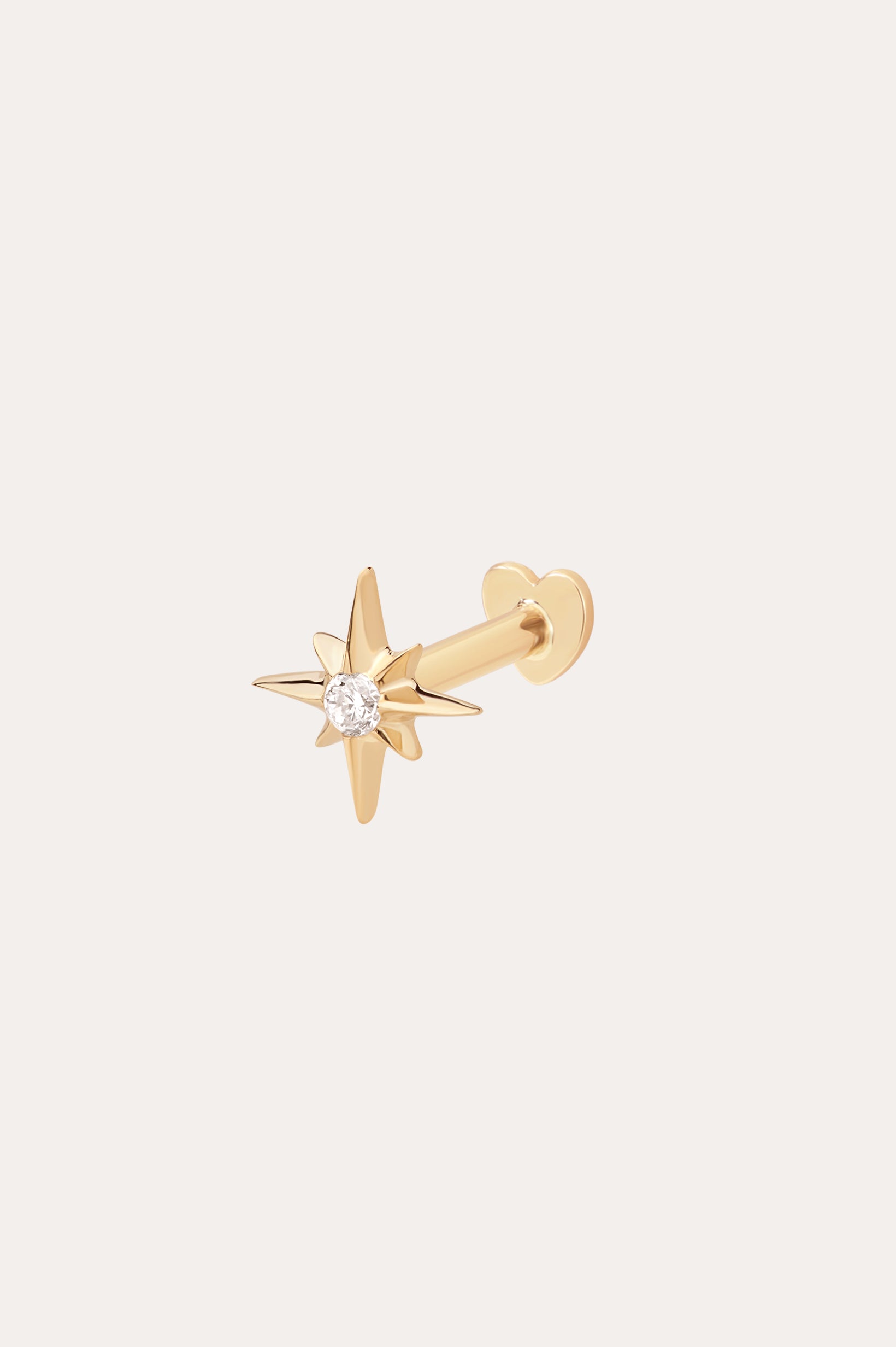 The 14K Solid Yellow Gold Lab-grown Diamond North Star Flat Back Stud features an eight-pointed star in yellow gold with a central lab-grown diamond, shown on a plain white background.