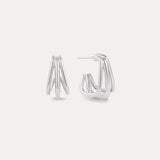 The Esther Square Hoop Stud Earrings in Silver feature a layered, open geometric design, shown upright and sideways against a simple light background.