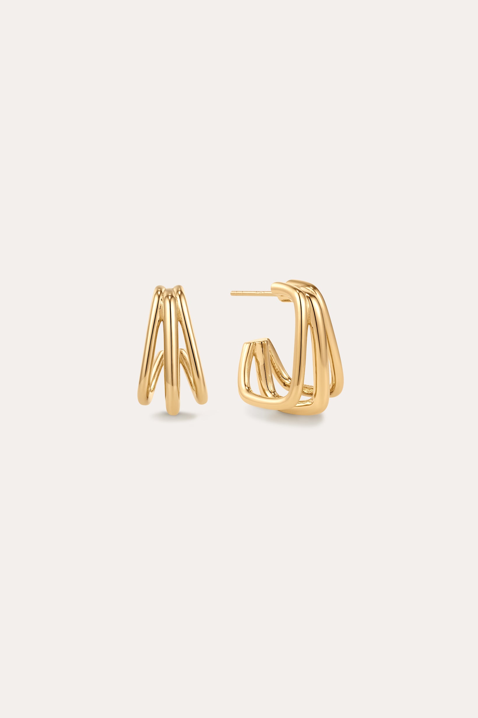 The Esther Square Hoop Stud Earrings in Gold feature a modern, triple-layered sculptural design, displayed on a plain light background—one earring shown from the front and the other from the side.