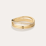 The Noor Pavé Triple Band Ring in Gold features three intertwined bands—one with pavé-set sparkling diamonds and two smooth, polished gold bands for a sophisticated look.