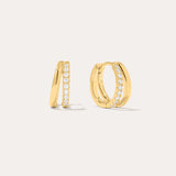 Kira Crystal Double Hoop Huggies in 18k Gold Plated, featuring a row of clear round crystals along the front, are displayed against a plain off-white background.