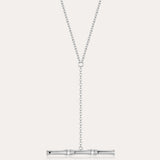 The Bamboo Chain Y-Bar Lariat Necklace in Silver features a delicate vertical chain drop ending with a polished horizontal bar, set against a simple light background.