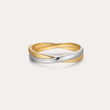 The Yvette Two-Tone Mixed Metal Ring features intertwined bands of gold and silver, showcased against a plain, light background.