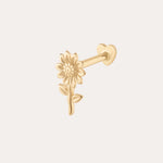 The 14K Solid Yellow Gold Sunflower Flat Back Stud features a detailed sunflower design in 14K yellow gold with a straight post and flat back, making it an elegant and stylish piercing jewelry choice.