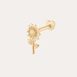 The 14K Solid Yellow Gold Sunflower Flat Back Stud features a detailed sunflower design in 14K yellow gold with a straight post and flat back, making it an elegant and stylish piercing jewelry choice.