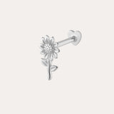 The 14K Solid White Gold Sunflower Flat Back Stud, crafted in 14K white gold and featuring a floral design, makes elegant piercing jewelry and is displayed against a plain light background.