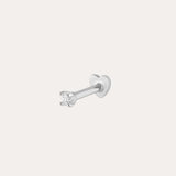 A 14K solid white gold lab-grown diamond prong set flat back stud earring (1.5mm) is shown with a clear round gemstone on a plain white background.