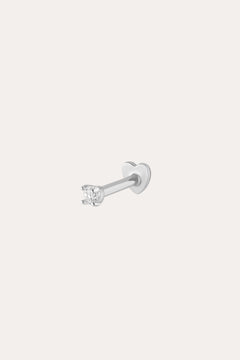 A 14K solid white gold lab-grown diamond prong set flat back stud earring (1.5mm) is shown with a clear round gemstone on a plain white background.