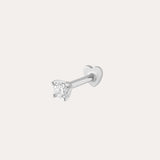 A 14K white gold flat back stud earring featuring a 2mm lab-grown diamond in a prong setting with a heart-shaped back, displayed against a plain white background.