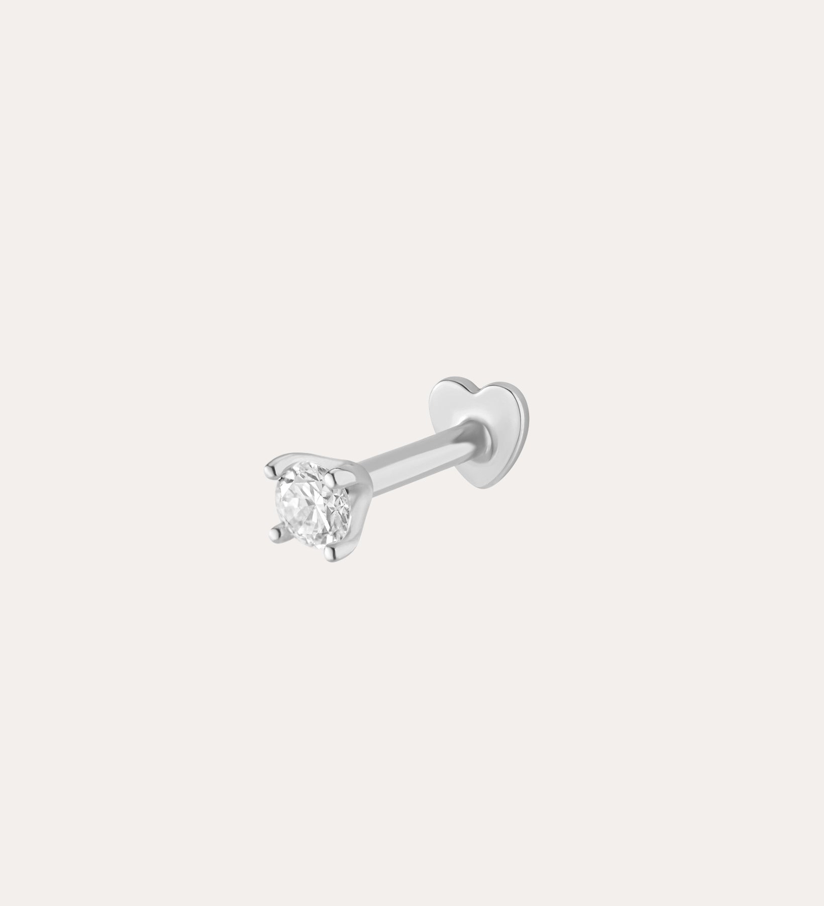 A 14K white gold flat back stud earring featuring a 2mm lab-grown diamond in a prong setting with a heart-shaped back, displayed against a plain white background.
