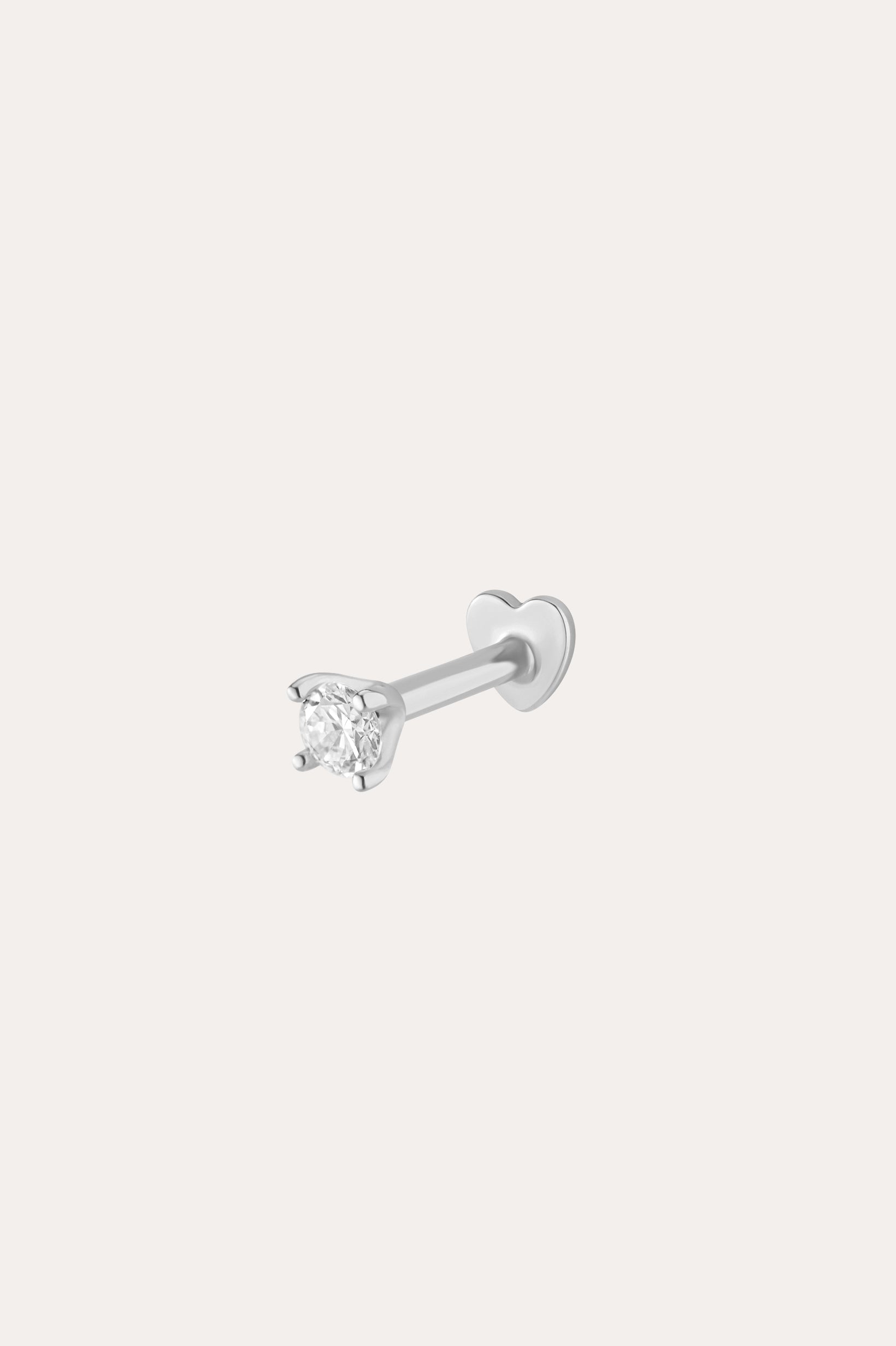A 14K white gold flat back stud earring featuring a 2mm lab-grown diamond in a prong setting with a heart-shaped back, displayed against a plain white background.