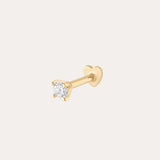 A single 14K Yellow Gold lab-grown diamond prong set flat back stud earring (2mm) is shown on a plain light background.
