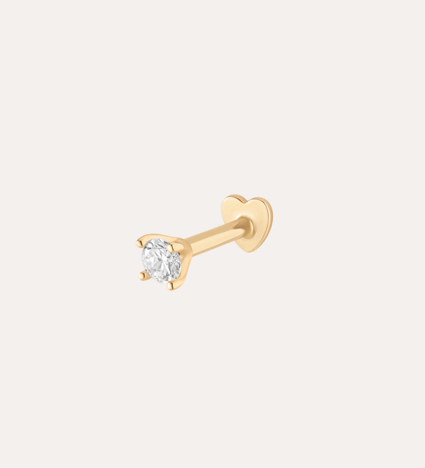 A single 14K Yellow Gold lab-grown diamond prong set flat back stud earring (2mm) is shown on a plain light background.