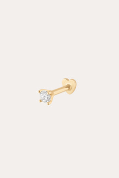 A single 14K Yellow Gold lab-grown diamond prong set flat back stud earring (2mm) is shown on a plain light background.