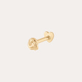 The 14K Solid Yellow Gold Love Knot Flat Back Stud features a love knot design with a straight post and heart-shaped flat back, shown on a plain light background.