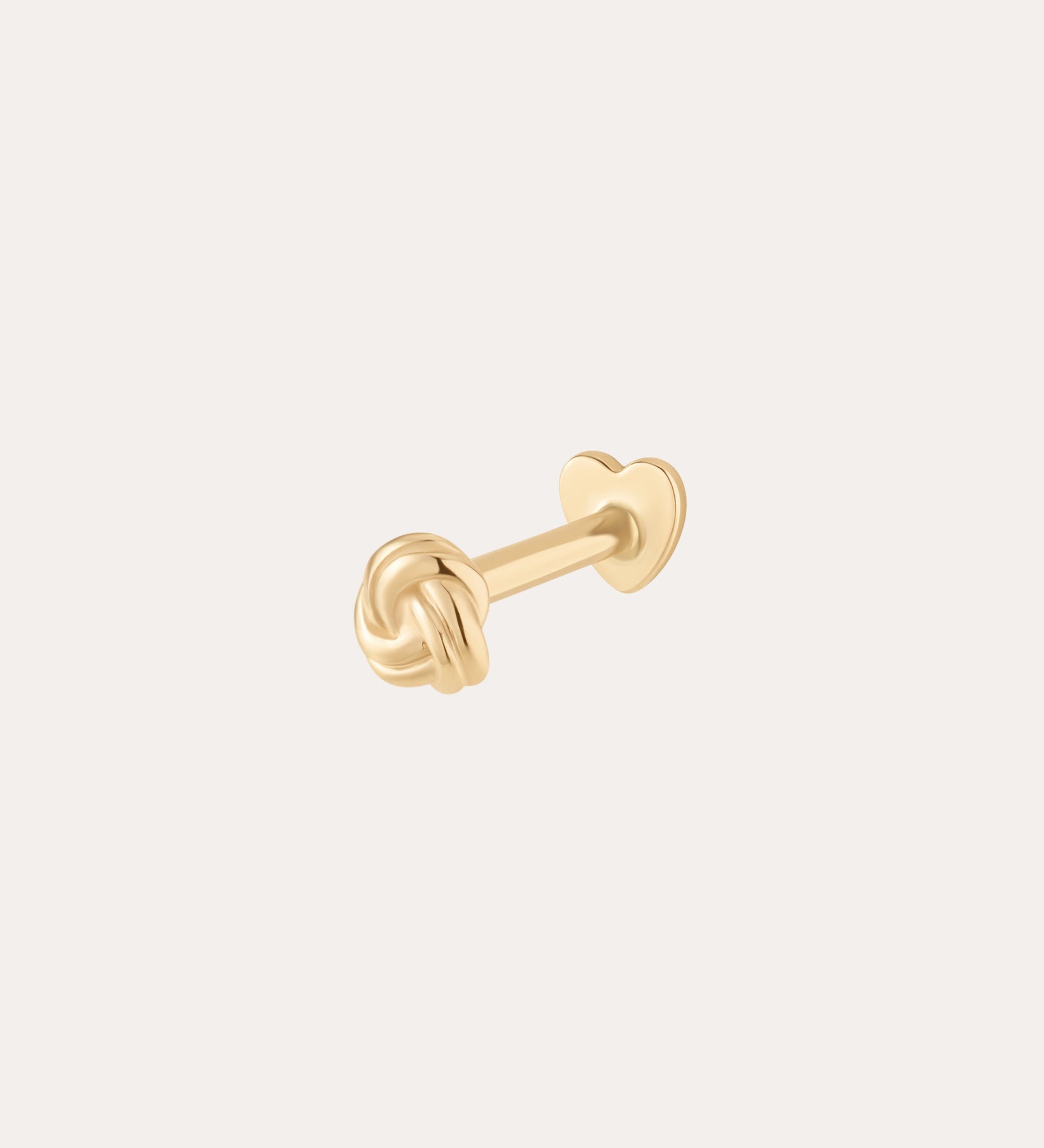The 14K Solid Yellow Gold Love Knot Flat Back Stud features a love knot design with a straight post and heart-shaped flat back, shown on a plain light background.