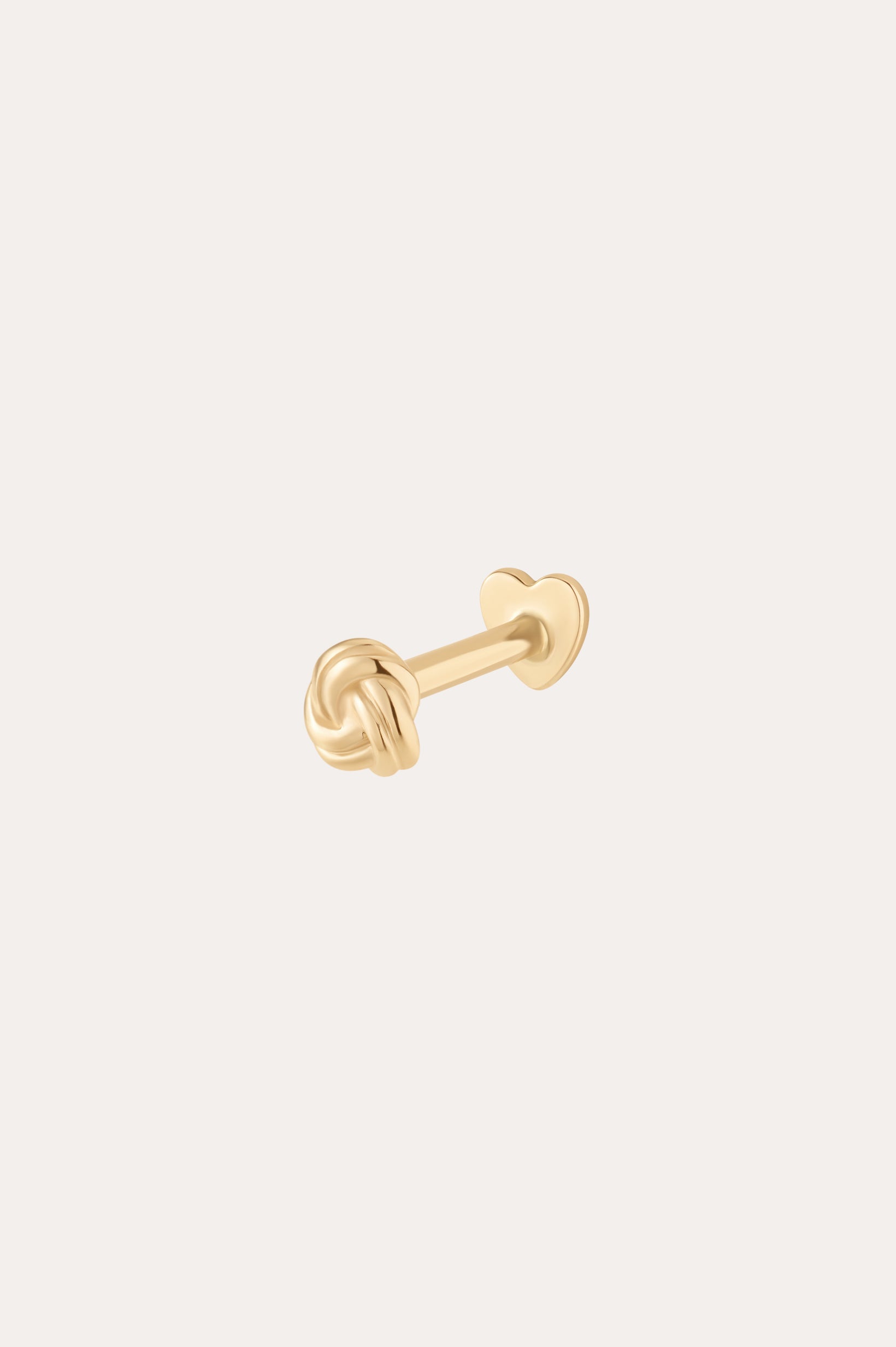 The 14K Solid Yellow Gold Love Knot Flat Back Stud features a love knot design with a straight post and heart-shaped flat back, shown on a plain light background.