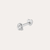 The 14K Solid White Gold Love Knot Flat Back Stud features a knot design and a heart-shaped flat back closure, shown in 14K white gold against a plain light background.