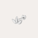 The 14K Solid White Gold Lotus Flat Back Stud in 14K white gold features three petal-shaped elements and a heart-shaped back, shown on a plain white background.