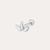 The 14K Solid White Gold Lotus Flat Back Stud in 14K white gold features three petal-shaped elements and a heart-shaped back, shown on a plain white background.