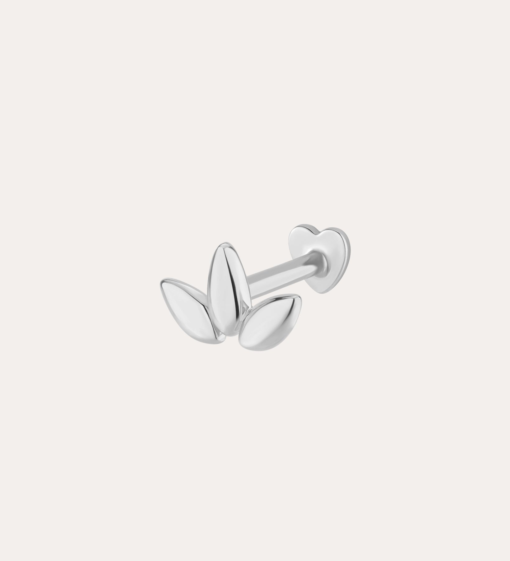 The 14K Solid White Gold Lotus Flat Back Stud in 14K white gold features three petal-shaped elements and a heart-shaped back, shown on a plain white background.
