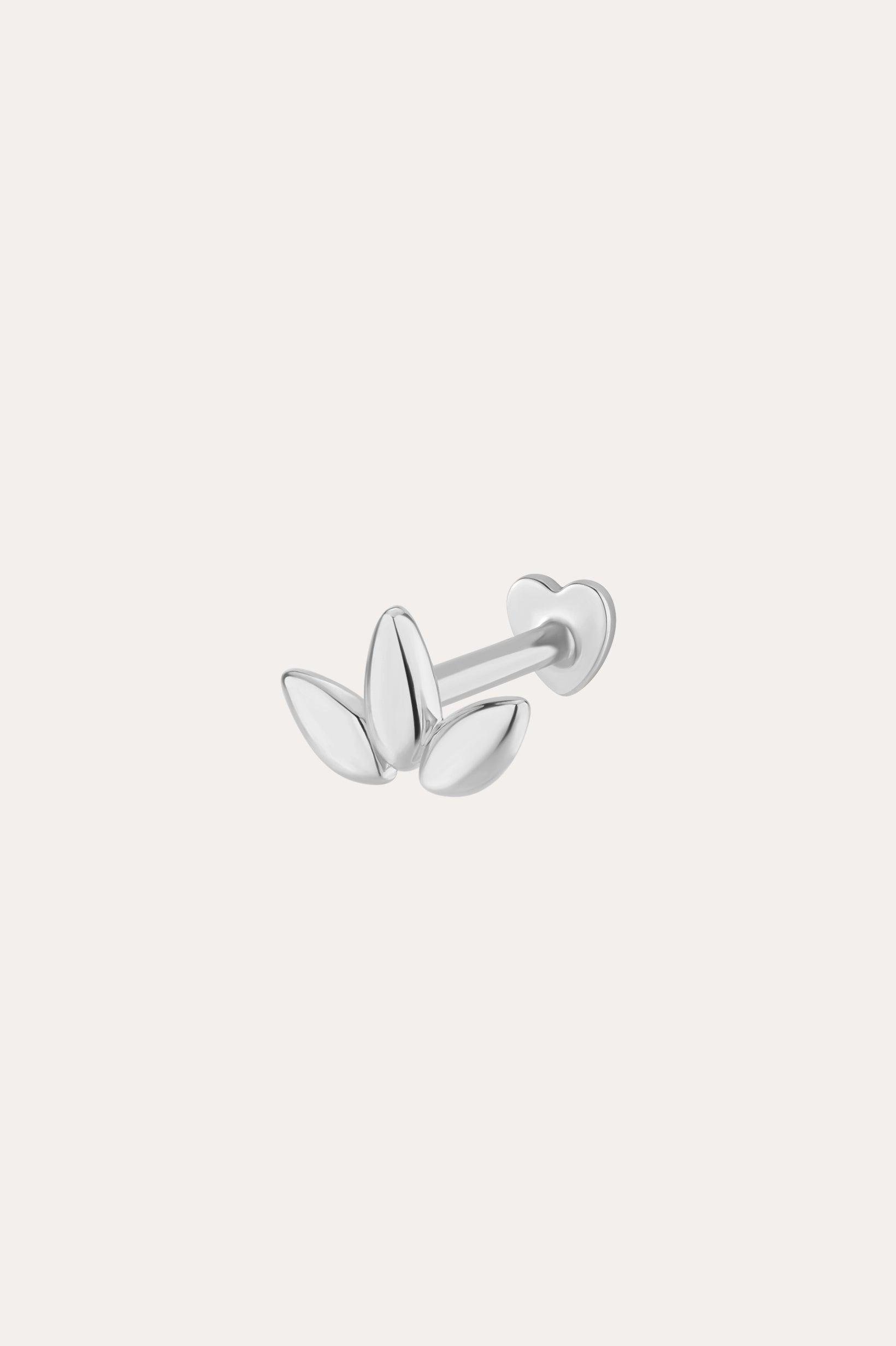 The 14K Solid White Gold Lotus Flat Back Stud in 14K white gold features three petal-shaped elements and a heart-shaped back, shown on a plain white background.