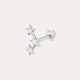 The 14K Solid White Gold Star Cluster Flat Back Stud features three stars in a vertical row and a heart-shaped backing, perfect for piercings. Shown against a plain light background.