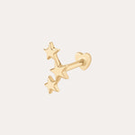 The 14K Solid Yellow Gold Star Cluster Flat Back Stud features three small stars on a straight post with a round, flat back, perfect for helix piercings. Shown in 14K yellow gold on a simple light background.