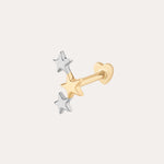 The 14K Solid Mixed Gold Star Cluster Flat Back Stud features three small stars—one gold, two silver—arranged in a cluster at the front. Its heart-shaped backing contrasts against a plain, light background. Color: Mixed Gold.