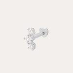 A 14K white gold curved trio flat back stud earring featuring lab-grown diamonds arranged in a small cluster, set against a plain white background.